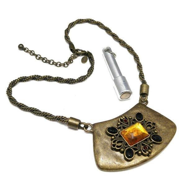 Chico’s Brass Tone Pendant Necklace Topaz Black Red Stones Boho Statement - Picture 4 of 8